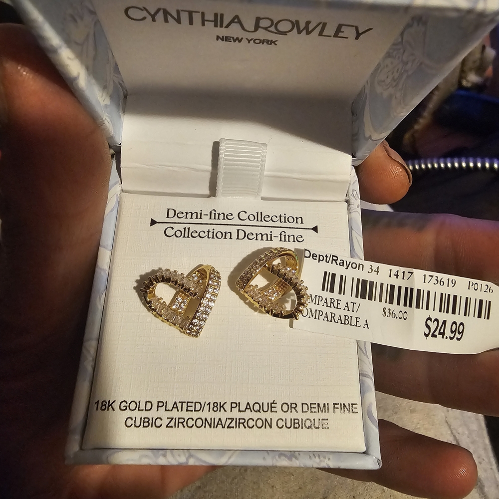 Cynthia Rowley Gold Heart Stud Earrings with Pave Cubic Zirconia